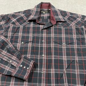 Stetson Shirt Mens L Pearl Snap Western Grey Red Plaid Long Sleeve Cotton